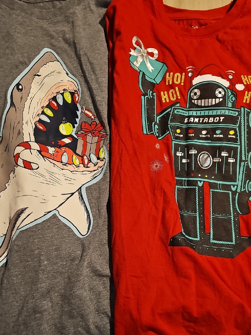 Lot Of 2 Boys L Cat & Jack Gray Shark and Red Santabot Graphic Long Sleeve Tees
